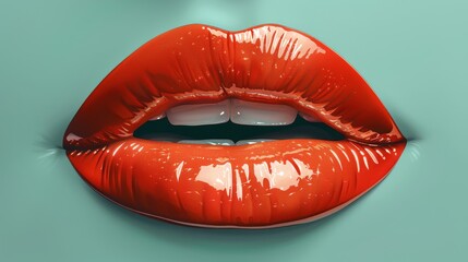  A photo of a woman's face, focusing on her mouth, with vibrant orange lipstick against a blue backdrop and a reflection of her lips in the water below