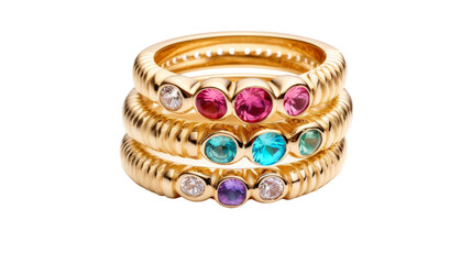 A stack of rings featuring an array of vibrant colored stones