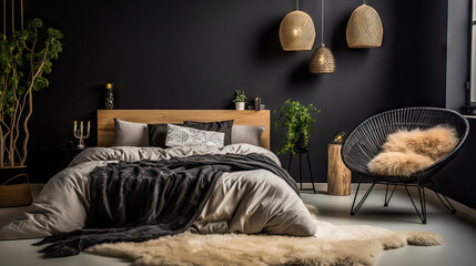 A bedroom with a bed, chair, and rug. The bed has a black comforter and a white pillow. The rug is made of sheepskin and is placed on the floor - obrazy, fototapety, plakaty