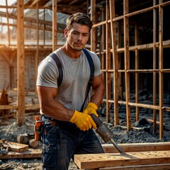 A handsome man works at a construction site. Modern builder.