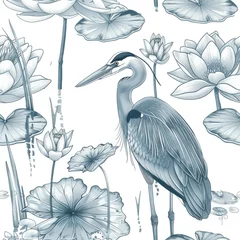 Foto op Plexiglas seamless pattern with herons, storks, cranes. Blue-gray color scheme. Chinese style. Asia © Al