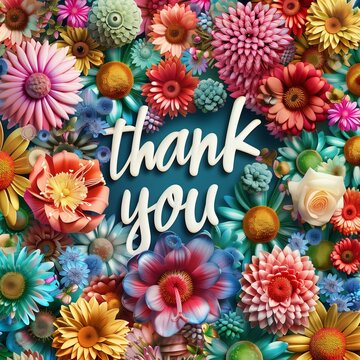 Thank you image with many colorful flowers around. Great for slideshow end screens.