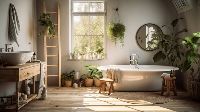 A bathroom with a white bathtub, a wooden ladder, and a mirror. The bathroom is decorated with plants and has a natural, calming atmosphere