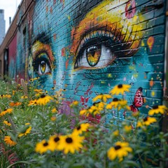 Beautiful graffiti art of woman's eyes on brick city wall in a park full of blooming spring flowers. Contrast of nature and urban life. 
