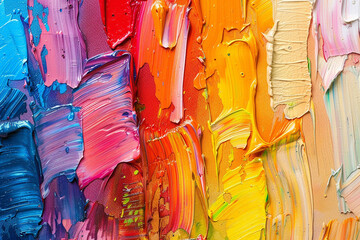 Closeup of Abstract Rough Colorful Multicolored Rainbow Colors Art Painting Texture with Oil Brushstroke Palette Knife Paint on Canvas Dripping Color