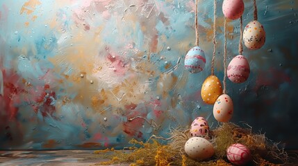  A painting of eggs dangling from strings, in front of windows with dripping water - obrazy, fototapety, plakaty