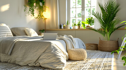 Modern Bedroom Interior, Cozy Design with Natural Light, Elegant Bedding and Work Space