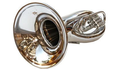 A detailed close-up of a shiny French horn against a plain white background