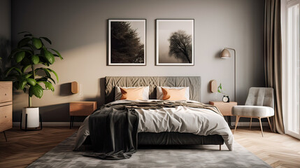 A bedroom with a bed, a chair, a nightstand, and a potted plant. The bed is covered with a white comforter and a black blanket. The room has a modern and minimalist design