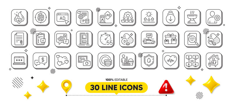 Sun protection, Checklist and Blood donation line icons pack. 3d design elements. Entrance, Grill, Settings blueprint web icon. Cholecalciferol, Cleaning, Attachment pictogram. Vector