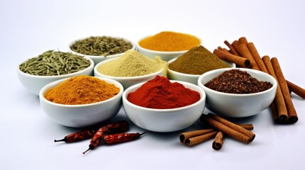 Spice Spectrum - Assorted spices in bowls with star anise and cinnamon