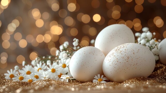  A photo shows white eggs perched on a table beside daisies and a bouquet of daisies