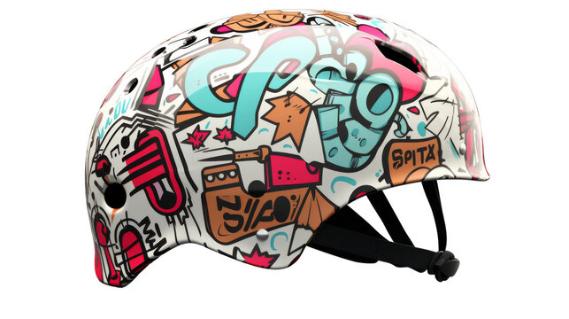 Vibrantly painted white helmet covered in colorful graffiti designs