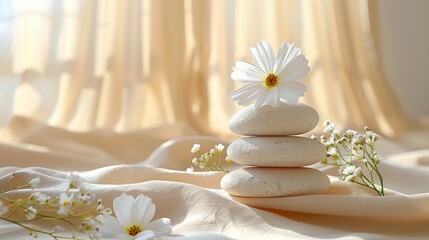 Fototapeta na wymiar A pile of boulders atop a white sheet, alongside a floral arrangement