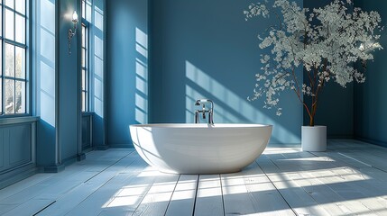  A spacious white bathtub sits beside a tall vase adorned with pure white blossoms, gracing the peaceful bathroom - obrazy, fototapety, plakaty