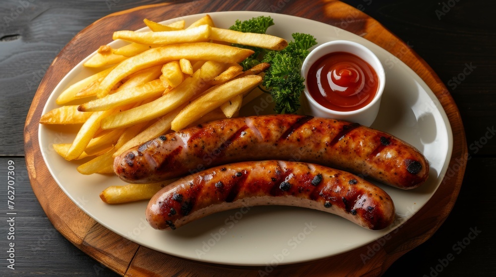 Poster Grilled sausages and french fries on a wooden table. Generative AI.