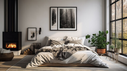 A bedroom with a fireplace, a bed, and a potted plant. The room has a cozy and warm atmosphere, with the fireplace providing a source of heat and light. The bed is neatly made with a white comforter