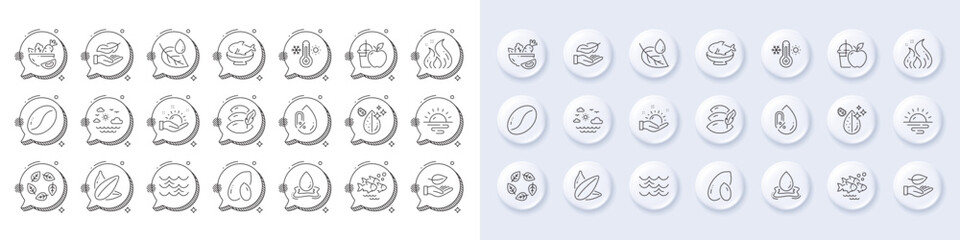 Fototapeta premium Organic tested, Sunny weather and Fish school line icons. White pin 3d buttons, chat bubbles icons. Pack of Leaf dew, Dirty water, Seafood icon. Fire energy, Pillow, Travel sea pictogram. Vector