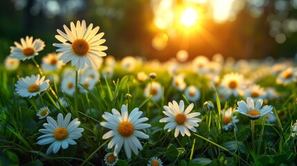  A field adorned with white daisies bathed in the warm glow of the setting sun behind it