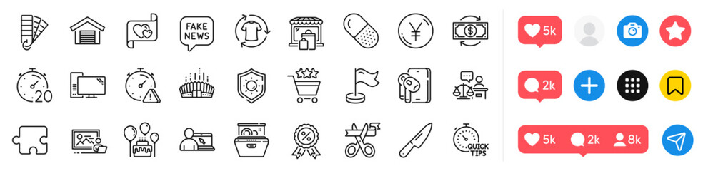 Market, Dishwasher and Love letter line icons pack. Social media icons. Yen money, Computer, Fake news web icon. Photo studio, Sun protection, Parking garage pictogram. Vector