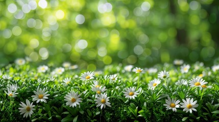  A field of white daisies framed by green foliage with a hazy tree line behind