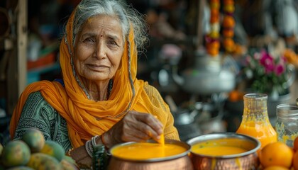 60 year old Indian woman making mango lassi in her kitchen. Loving eyes, beautiful woman. - obrazy, fototapety, plakaty