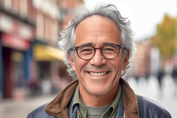 Portrait of a graying man with glasses in a shopping street in fall or spring