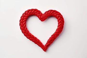 Braided Red Heart Shape on White Background. A handcrafted red braided rope shaped into an open heart, set against a clean white backdrop, symbolizing love and craftsmanship.