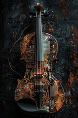 Naklejka premium violin with circuit board structure on a black background 