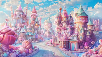 Illustration beautiful fairy tale city in form candy in pastel colors. AI generated image