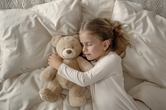A young girl is sleeping with a teddy bear. The bed is covered in white sheets and pillows
