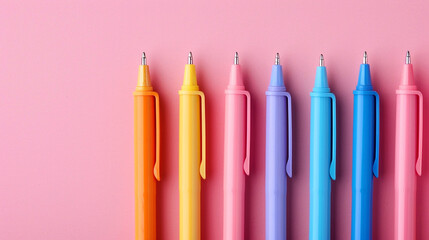 A row of multicolord pens on pastel pink background. Beautiful color pens.