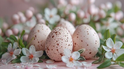 Obraz na płótnie Canvas A photo of a dozen eggs arranged on a pastel-colored plate surrounded by white blossoms and lush greenery