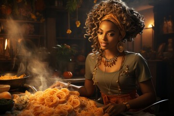 A beautiful black woman with big hair cooking pasta. Spaghetti.  - obrazy, fototapety, plakaty
