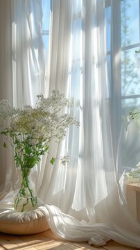 Bright romantic picture of an apartment with big windows and white transparent curtain. Sunlight coming in and making beautiful shades. Fresh white flowers in a vase. 