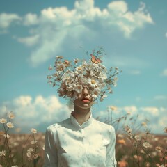 Girl in a flowers field. Surrealism