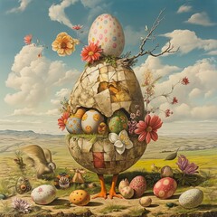 Easter eggs in a basket. Surrealism 