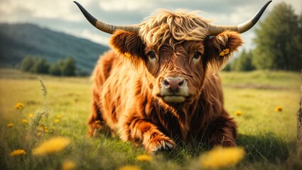 A majestic Highland cow stands in a field with sunshine and flowering meadows surrounding it