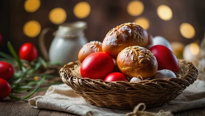 Photo sur Plexiglas Pain Red Easter eggs with delicious golden-brown Easter bread evoke a warm, festive atmosphere