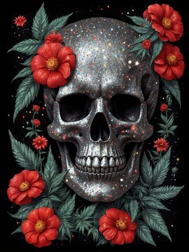 A graphic illustration with deep red flowers and sparkling stars around a central space, suggesting a blend of nature and the cosmos