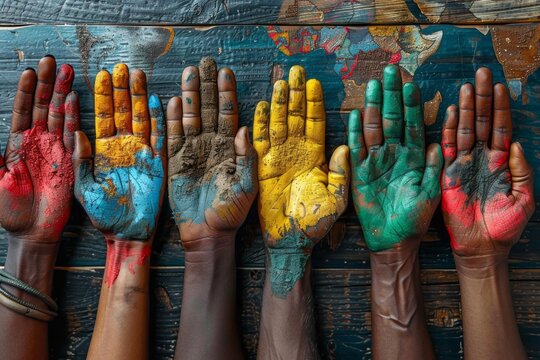 Colorful painted hands symbolizing different cultural backgrounds, continents around the word. The power of connecting people worldwide, saving the planet from global warming and war.
