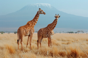 Giraffes in front of Mount Kilimanjaro at Amboseli National Park, Kenya, Africa