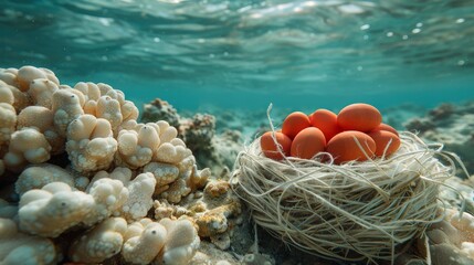  A group of eggs perched on coral with seaweed and near a reef