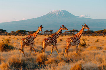 Giraffes in front of Mount Kilimanjaro at Amboseli National Park, Kenya, Africa - obrazy, fototapety, plakaty