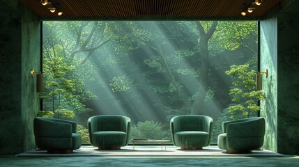  A room with two chairs and a table, sunlight streaming through the leaves of tall trees