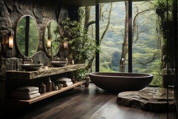 A minimalist biophilic bathroom, with a large window opening into a lush jungle. Emphasis on use of raw materials, Stone, Oak, Moss, Raw Marble, Minimalist Fixtures. Dark Jungle Aesthetic.