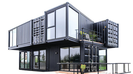 Unique house created from shipping containers against a white backdrop