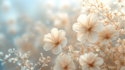 Soft white blossoms against a warm, glowing background, portraying delicate beauty and a serene, ethereal atmosphere.