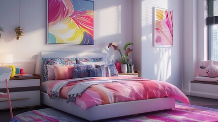 A modern and sophisticated girls bedroom with sleek furniture, vibrant artwork, and personalized touches, offering a luxurious retreat in lifelike