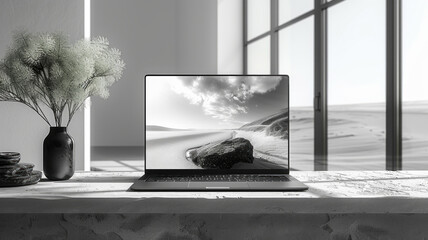 A minimalistic scene. a laptop sitting on a smooth stone desc in a nicely decorated room with a sea view. Black and white.